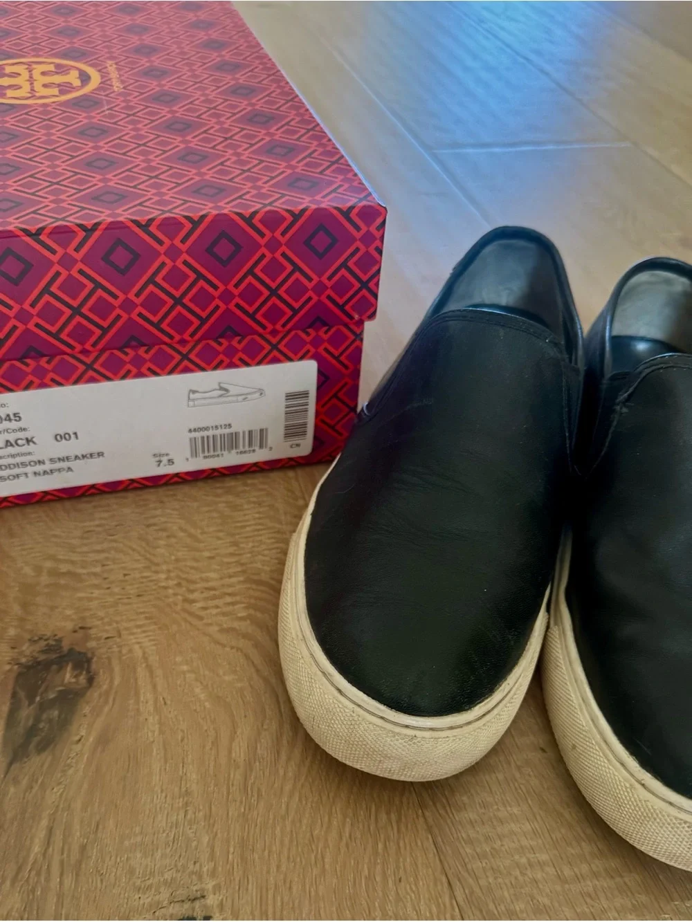 Black Leather Tory Burch Addison Slip-On Sneakers with White Sole